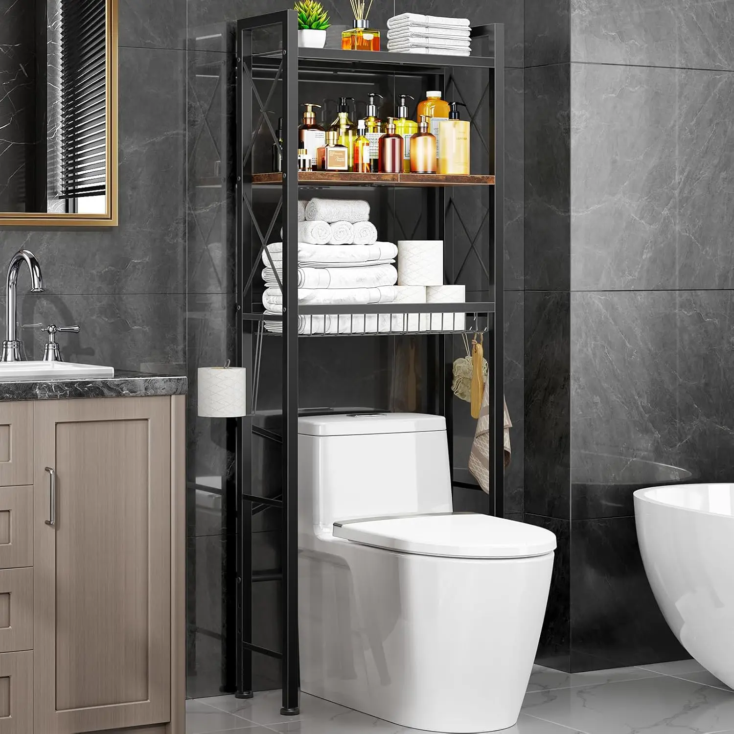 Over The Toilet Storage with X Shape Side Guardrail, 3-Tier Over Toilet Storage Rack with Drain
Over The Toilet Storage with X Shape Side Guardrail, 3-Tier Over Toilet Storage Rack with Drain