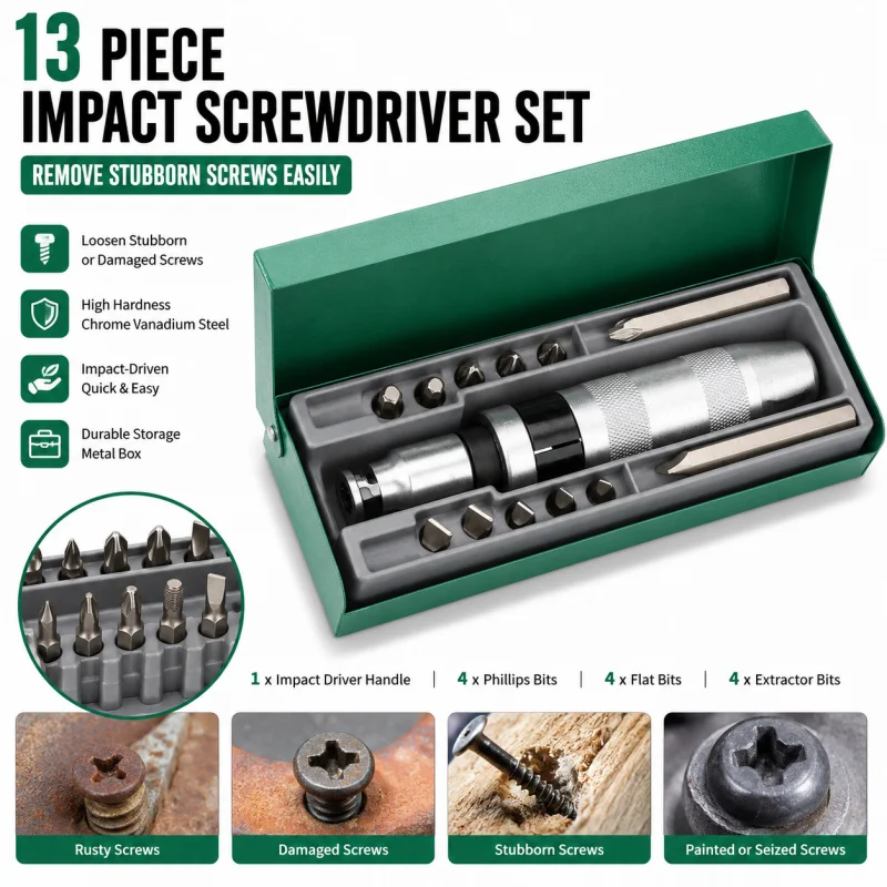 13 Piece Impact Screwdriver Set Broken Rusty Stubborn Screw Remover Tools Tool Box Kit
13 Piece Impact Screwdriver Set Broken Rusty Stubborn Screw Remover Tools Tool Box Kit