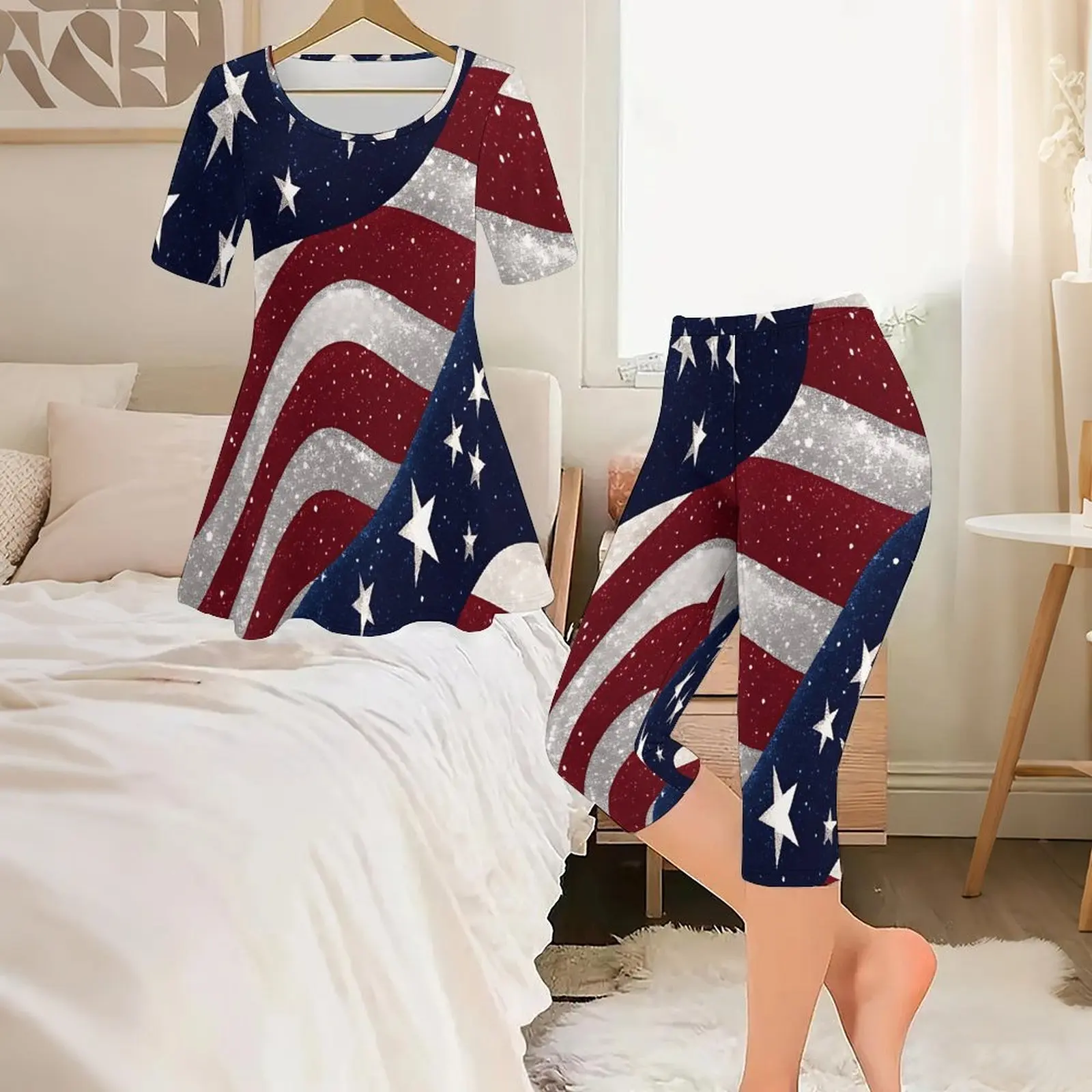 Casual Round Neck Short Sleeve Ladies Pentagram Printed Pants Fashion Leggings Set Women's Daily Top Slim Cropped Pants
Casual Round Neck Short Sleeve Ladies Pentagram Printed Pants Fashion Leggings Set Women's Daily Top Slim Cropped Pants