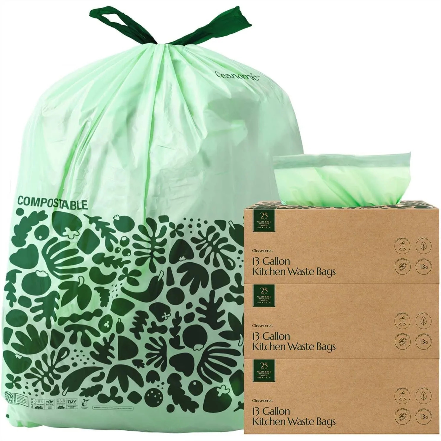 Compostable 13 Gallon Trash Bags with Drawstring, 75 Count, BPI Certified for Kitchen Compost, Leak & Tear Resistant
Compostable 13 Gallon Trash Bags with Drawstring, 75 Count, BPI Certified for Kitchen Compost, Leak & Tear Resistant