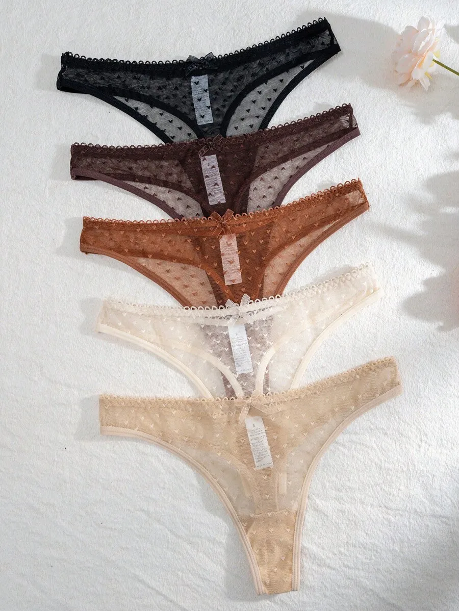5 Pieces Women Mesh Lace Thong Panties With Heart Pattern And Bow Decoration
5 Pieces Women Mesh Lace Thong Panties With Heart Pattern And Bow Decoration