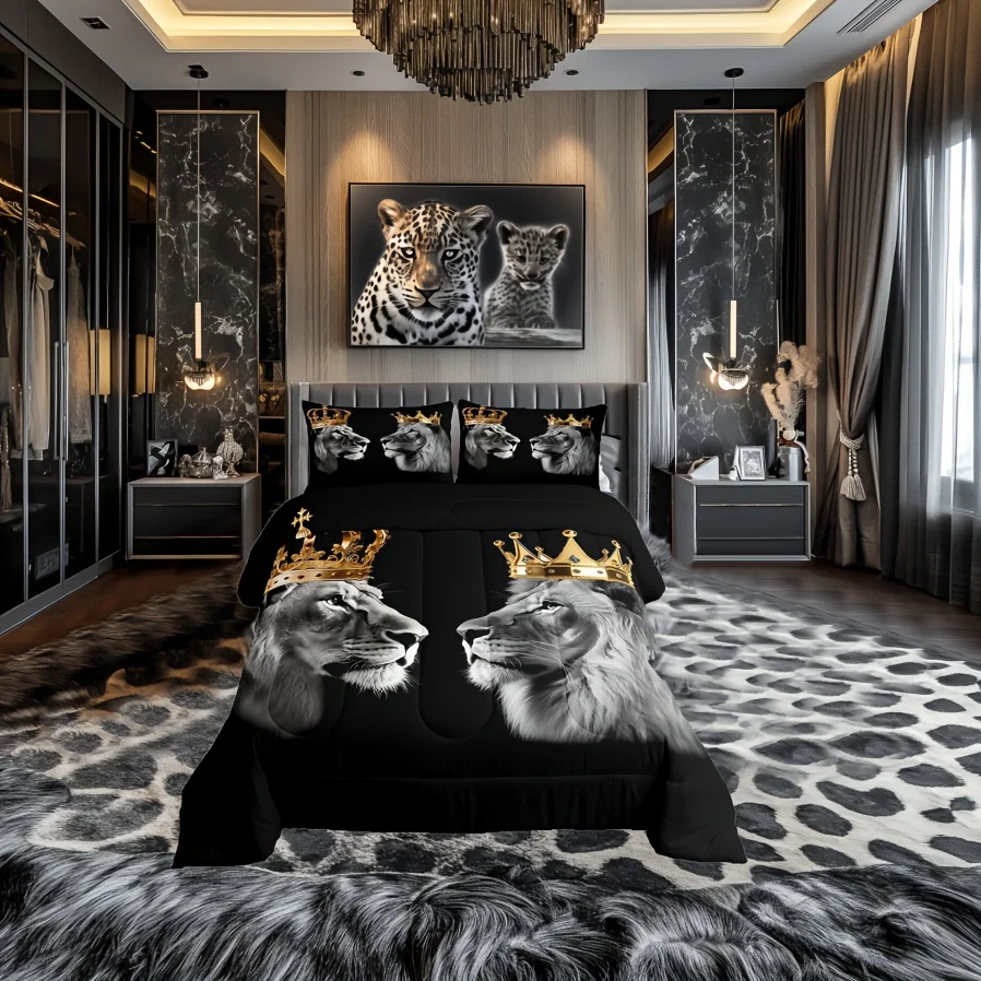Set of 3 Wild Lion Couple Comforters in Queen/King Size with Golden Crowns for King And Queen, Ideal for Adult Women'S Room Decor, Featuring Tropical African Animal Design And Includes 2 Pillowcases
Set of 3 Wild Lion Couple Comforters in Queen/King Size with Golden Crowns for King And Queen, Ideal for Adult Women'S Room Decor, Featuring Tropical African Animal Design And Includes 2 Pillowcases