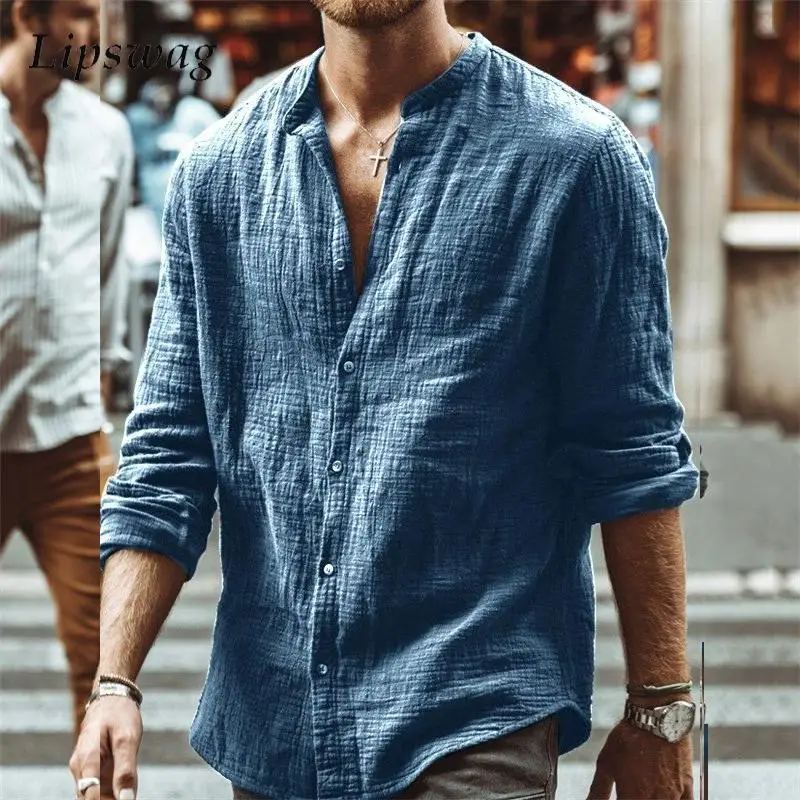 Fashion Mens Cotton Linen Tops Shirt Autumn Leisure Loose Pure Color Long Sleeve Shirts Casual Men Clothes Stand Collar Cardigan
Fashion Mens Cotton Linen Tops Shirt Autumn Leisure Loose Pure Color Long Sleeve Shirts Casual Men Clothes Stand Collar Cardigan