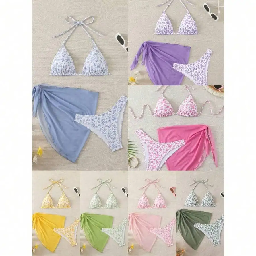 Womens 3 Piece Floral Bikini Set Halter Triangle Swimsuit With Sheer Wrap Sarong Cover Up
Womens 3 Piece Floral Bikini Set Halter Triangle Swimsuit With Sheer Wrap Sarong Cover Up