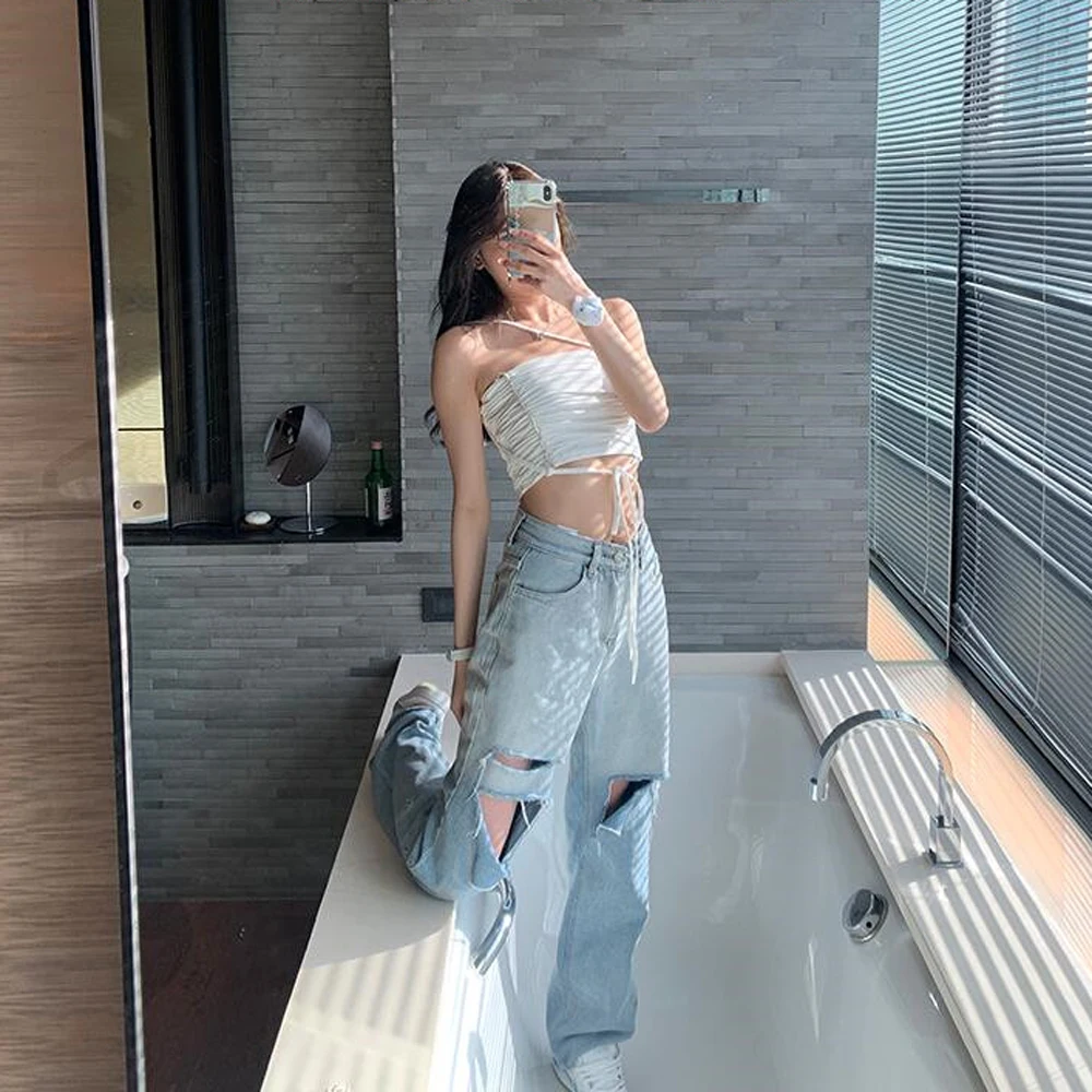 Women's Straight Leg Ripped Jeans Pants, Korean Style, Casual Streetwear, Sexy Hole Denim Trousers, Female Clothing, Teenage Gir
Women's Straight Leg Ripped Jeans Pants, Korean Style, Casual Streetwear, Sexy Hole Denim Trousers, Female Clothing, Teenage Gir