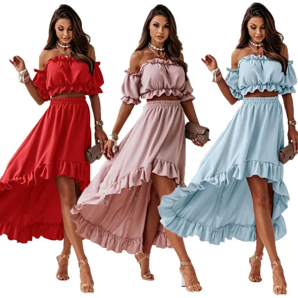 summer dress Women's One Line Collar Sexy Waist Revealing Bubble Sleeve Top With Lotus Leaf Skirt Two-Piece Set For Women
summer dress Women's One Line Collar Sexy Waist Revealing Bubble Sleeve Top With Lotus Leaf Skirt Two-Piece Set For Women