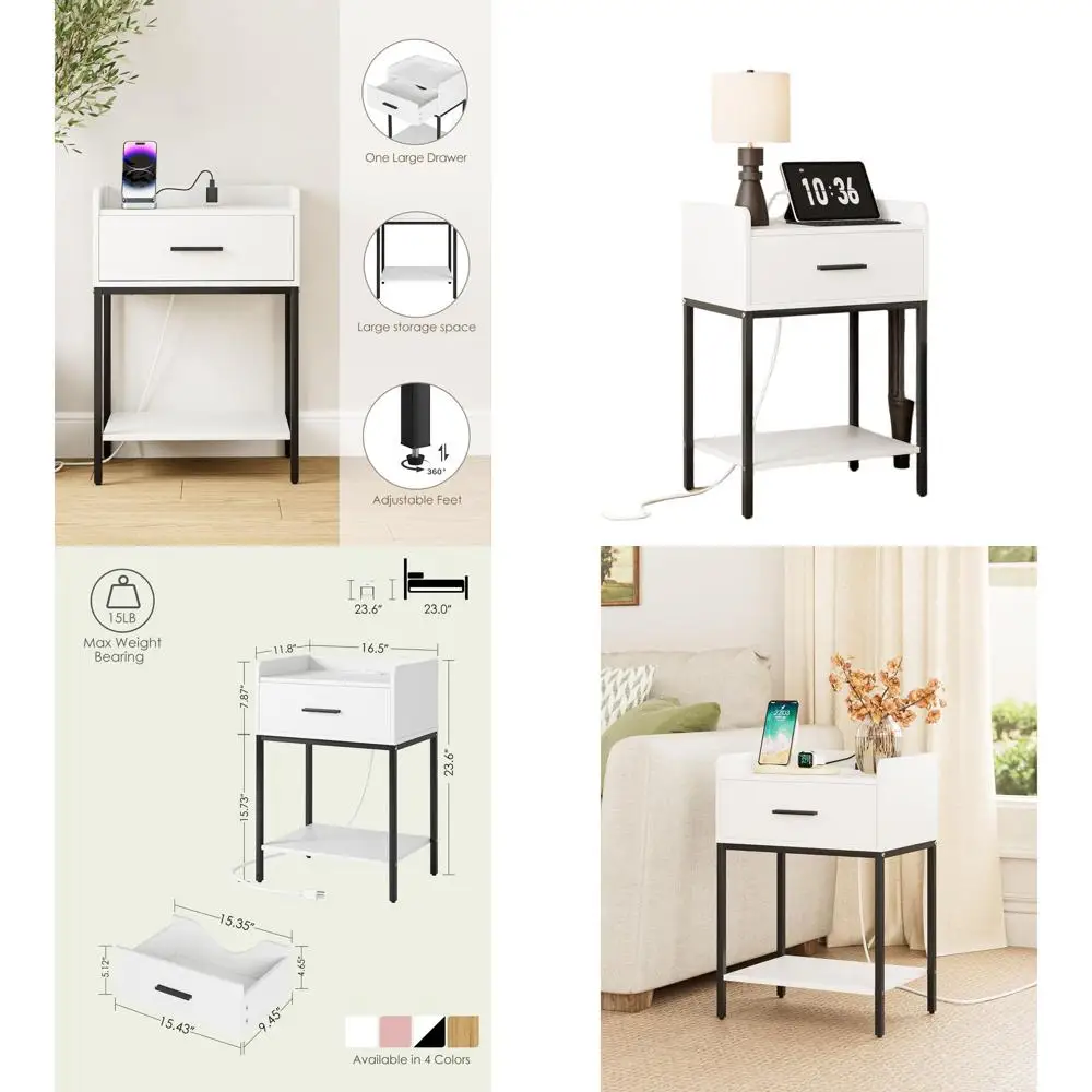 Прикроватная тумбочка для спальни с зарядкой, выдвижным ящиком и 2 полками, современный белый приставной столик, высокий столик для гостиной (белый и б
Прикроватная тумбочка для спальни с зарядкой, выдвижным ящиком и 2 полками, современный белый приставной столик, высокий столик для гостиной (белый и б