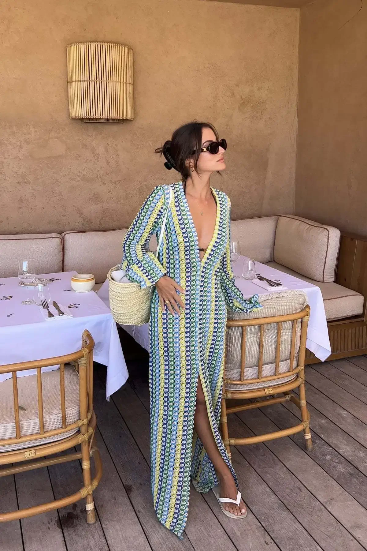 Deep V-Neck Sexy Dress Women Colorful Stripe Fashion High Split Chic Maxi Dresses Elegant Beach Holiday Long Sleeve Robe
Deep V-Neck Sexy Dress Women Colorful Stripe Fashion High Split Chic Maxi Dresses Elegant Beach Holiday Long Sleeve Robe