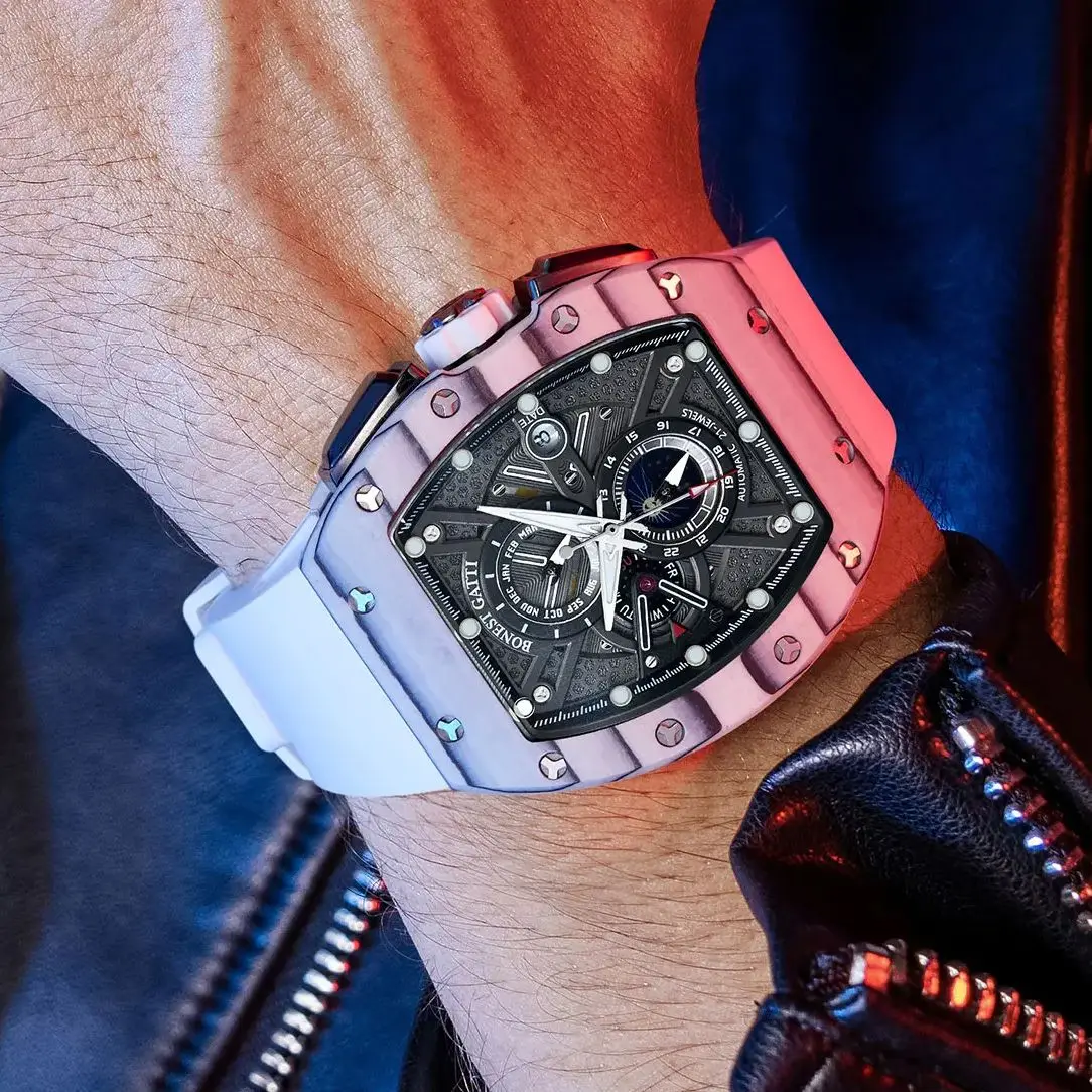 BONEST GATTI Men Automatic Watch 45mm Tonneau Mechanical Wristwatch Carbon Fiber Luminous Multi-Dial Month Week Date 24 Hours
BONEST GATTI Men Automatic Watch 45mm Tonneau Mechanical Wristwatch Carbon Fiber Luminous Multi-Dial Month Week Date 24 Hours