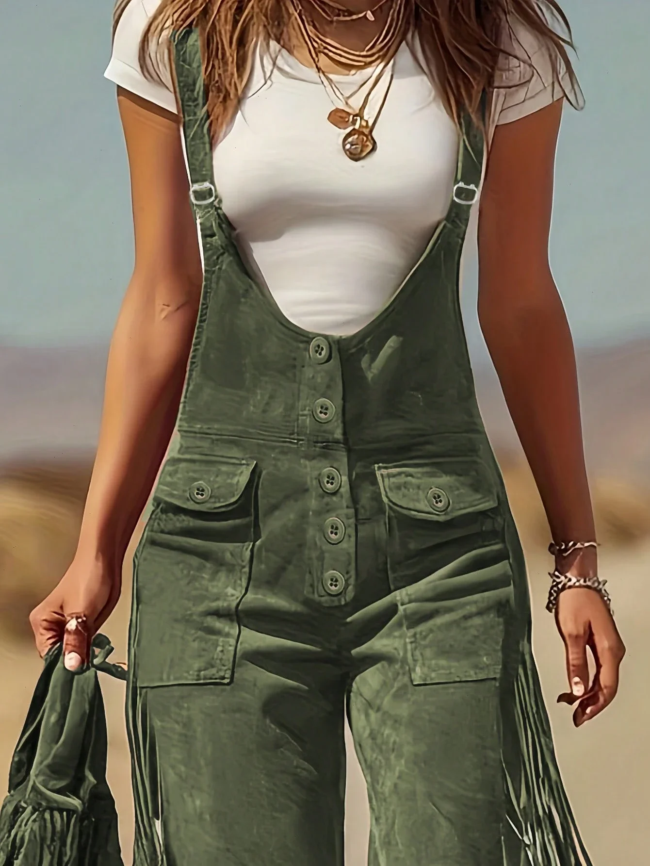 Women's Wide Leg Fringe Overalls With Button Front Casual Pants
Women's Wide Leg Fringe Overalls With Button Front Casual Pants
