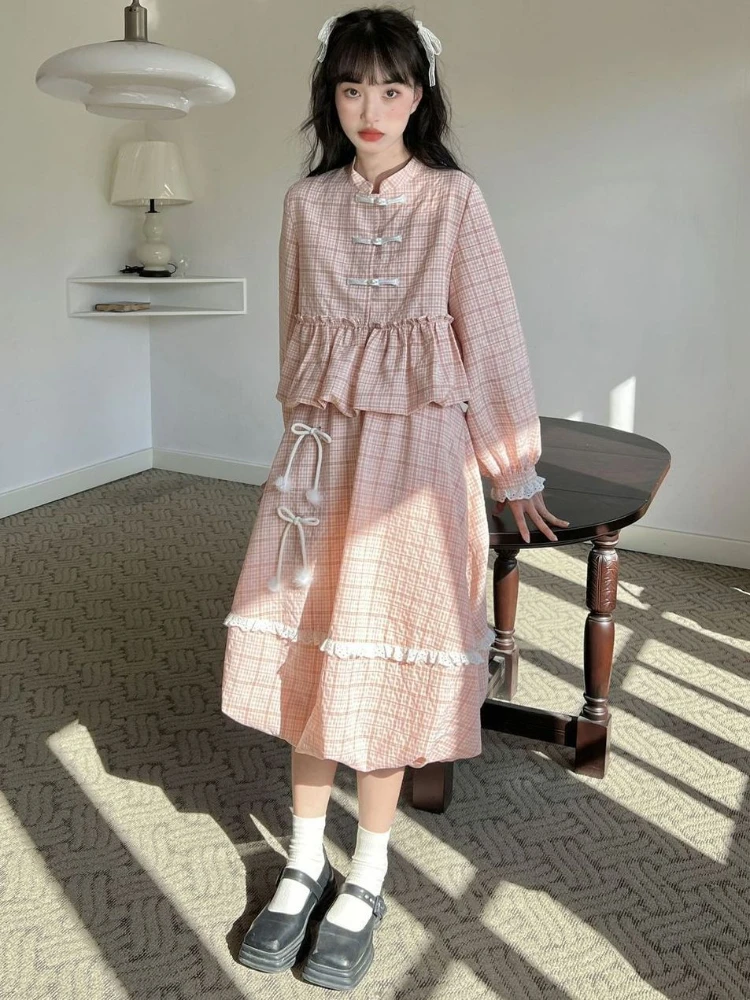 Chinese Style Matching Sets Puff Sleeve Ruffles Patchwork High Waist Bow Long Skirts Sweet Spring Autumn Plaid Women's Clothing
Chinese Style Matching Sets Puff Sleeve Ruffles Patchwork High Waist Bow Long Skirts Sweet Spring Autumn Plaid Women's Clothing