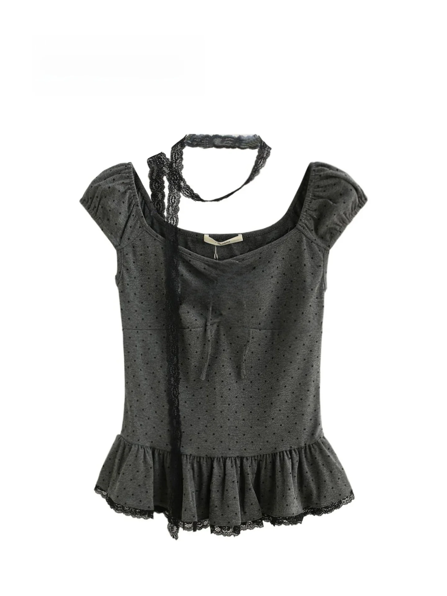 Summer New Pure Desire Sweet And Spicy Polka Dot Lace Trim Necktie Short Sleeve Top Women's Korean Style Slim Fit Cotton T-shirt
Summer New Pure Desire Sweet And Spicy Polka Dot Lace Trim Necktie Short Sleeve Top Women's Korean Style Slim Fit Cotton T-shirt