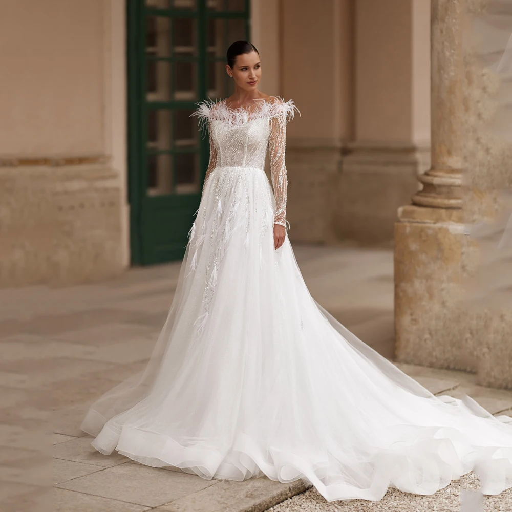 Customized Off Shoulder Wedding Dresses Long Sleeves Beaded A-Line Feature vestido de noiva Customized Tulle Bride Gowns 2025
Customized Off Shoulder Wedding Dresses Long Sleeves Beaded A-Line Feature vestido de noiva Customized Tulle Bride Gowns 2025