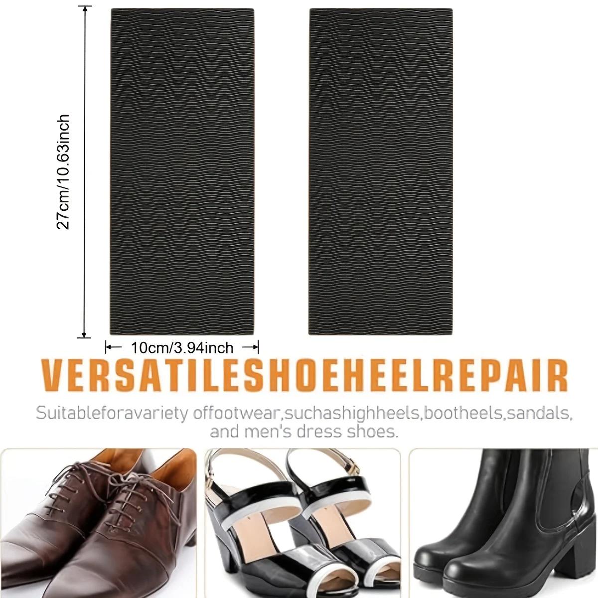 Two rubber sole patches made from durable material, featuring a wavy texture on the surface and a strong self-adhesive backing,
Two rubber sole patches made from durable material, featuring a wavy texture on the surface and a strong self-adhesive backing,