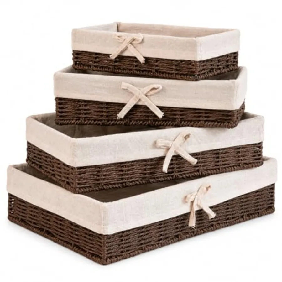Baskets for Shelves Set of 4, Shallow Wicker Storage Baskets with Linen Liners, Decorative Woven Paper Rope Bins for Pantry, Ba
Baskets for Shelves Set of 4, Shallow Wicker Storage Baskets with Linen Liners, Decorative Woven Paper Rope Bins for Pantry, Ba