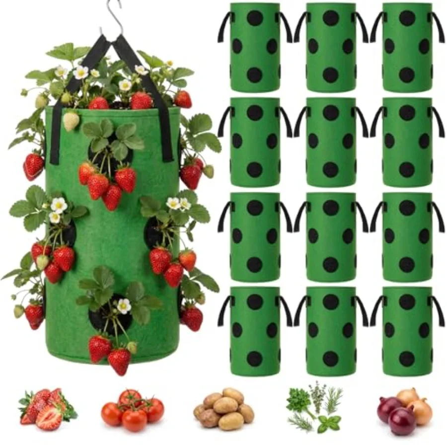12-Pack Upside Down Grow Bags for Strawberries, Tomatoes and Vegetables - 3 Gallon Hanging Planters with 12 Planting Holes, Dar
12-Pack Upside Down Grow Bags for Strawberries, Tomatoes and Vegetables - 3 Gallon Hanging Planters with 12 Planting Holes, Dar