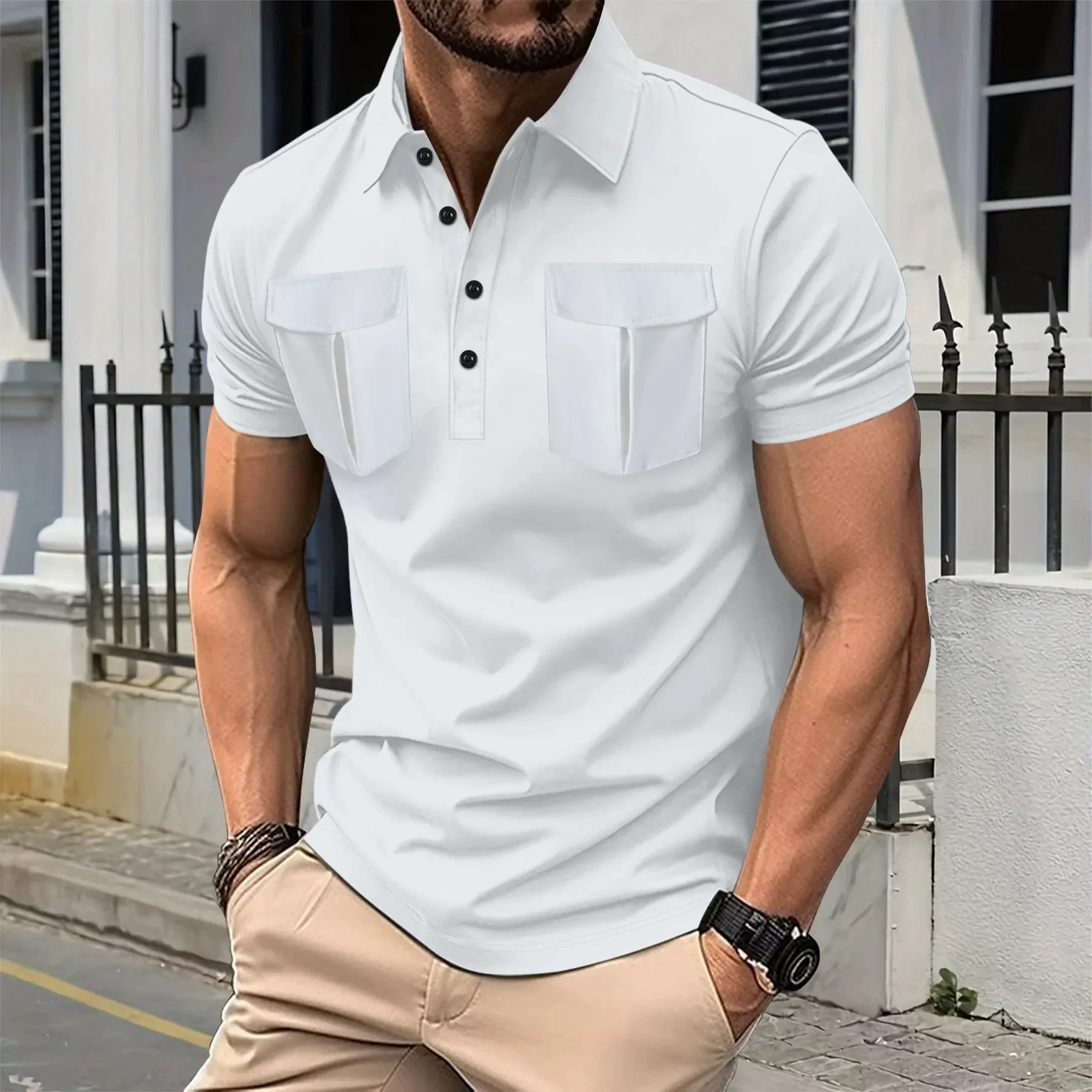 Men's new summer style button-front collar long-sleeved double-pocket plain-colored short-sleeved casual sportswear polo shirt
Men's new summer style button-front collar long-sleeved double-pocket plain-colored short-sleeved casual sportswear polo shirt