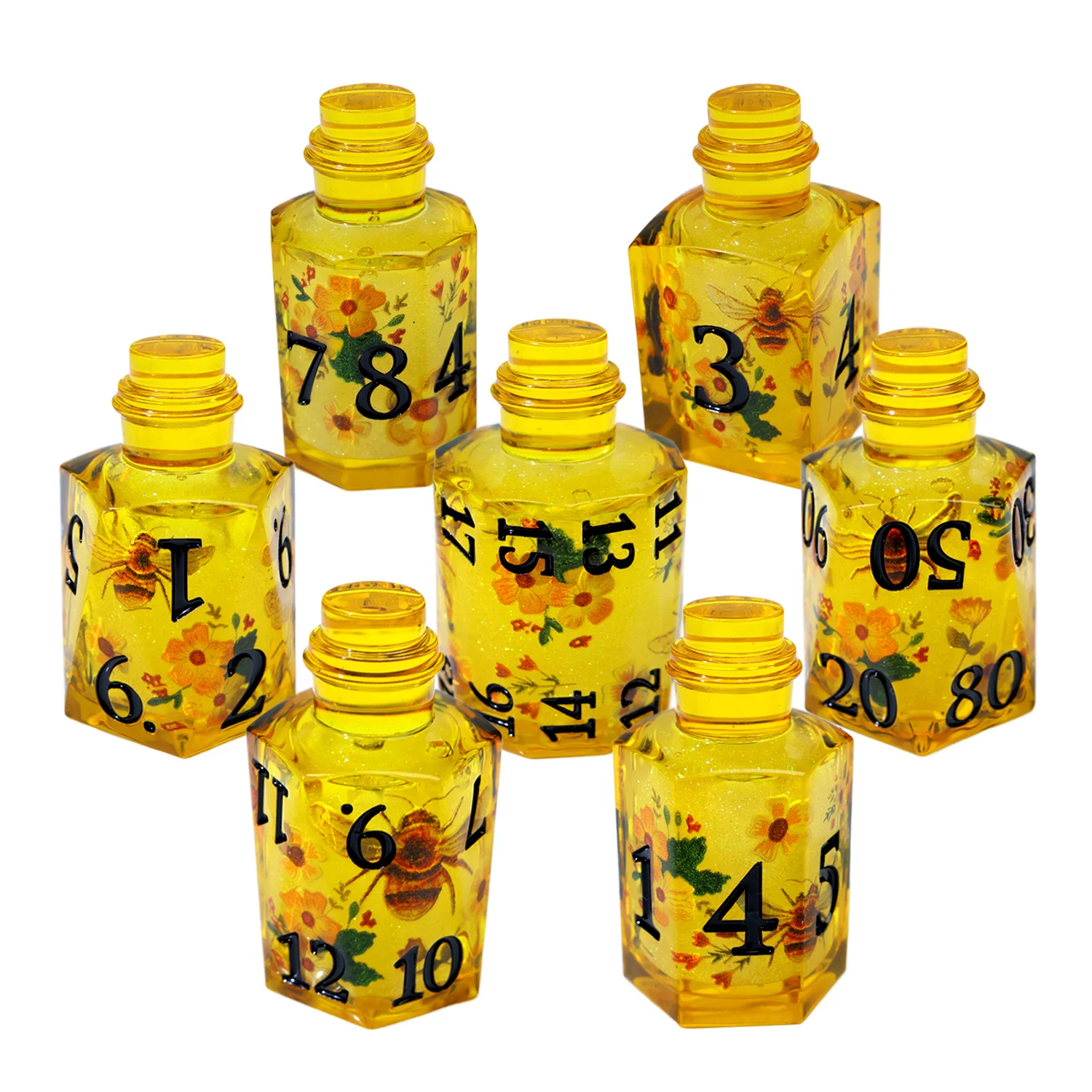 Liquid Core DND Dice Set Polyhedral Novelty Resin Dice, Fantasy Elixir Bottle Shape with Bee & Floral Inclusions - BOT1
Liquid Core DND Dice Set Polyhedral Novelty Resin Dice, Fantasy Elixir Bottle Shape with Bee & Floral Inclusions - BOT1