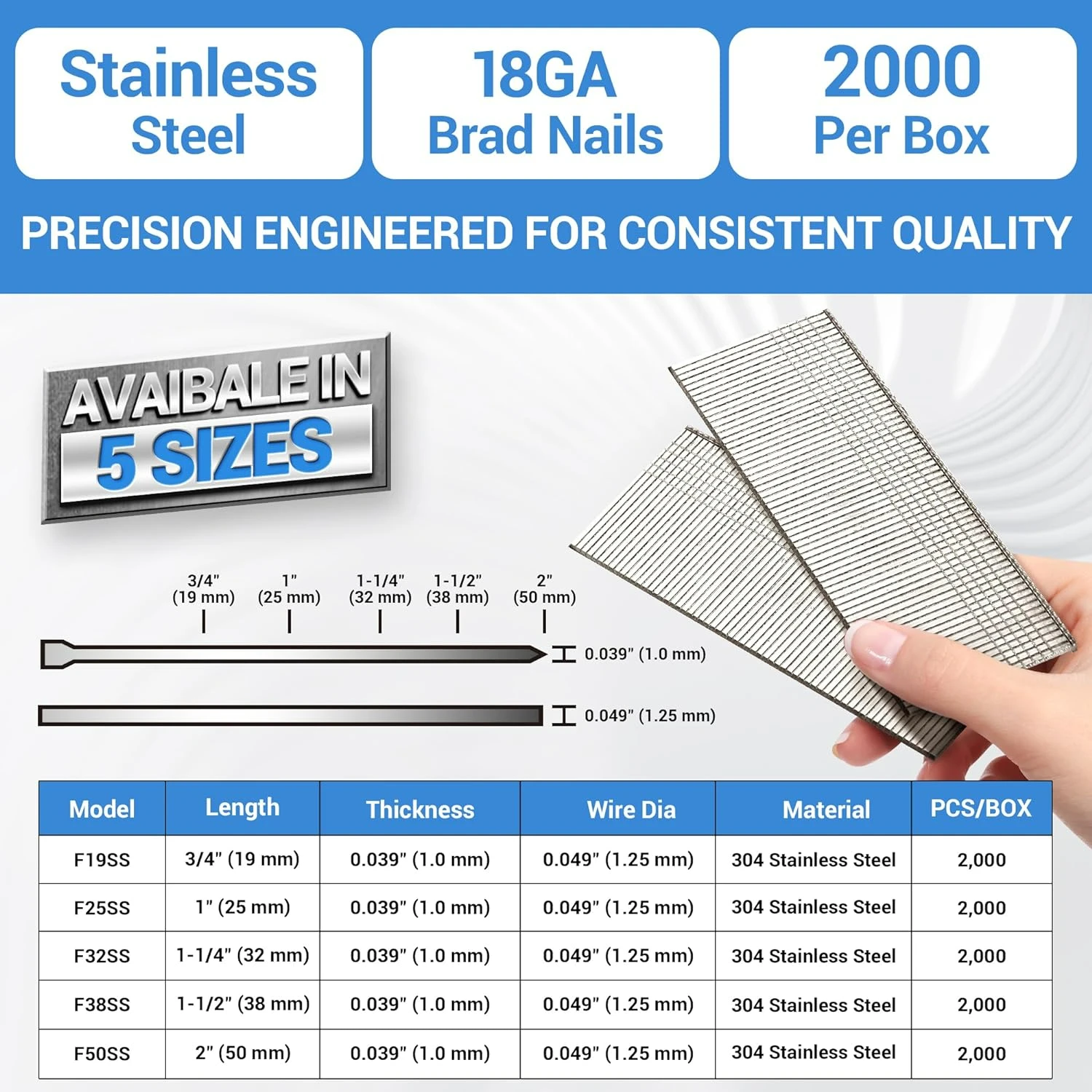 High-Quality 304 Stainless Steel Durable Small Finishing Nails - Pack of 2,000 Counts - Premium 18 Gauge 2 Inch Stainless Steel
High-Quality 304 Stainless Steel Durable Small Finishing Nails - Pack of 2,000 Counts - Premium 18 Gauge 2 Inch Stainless Steel
