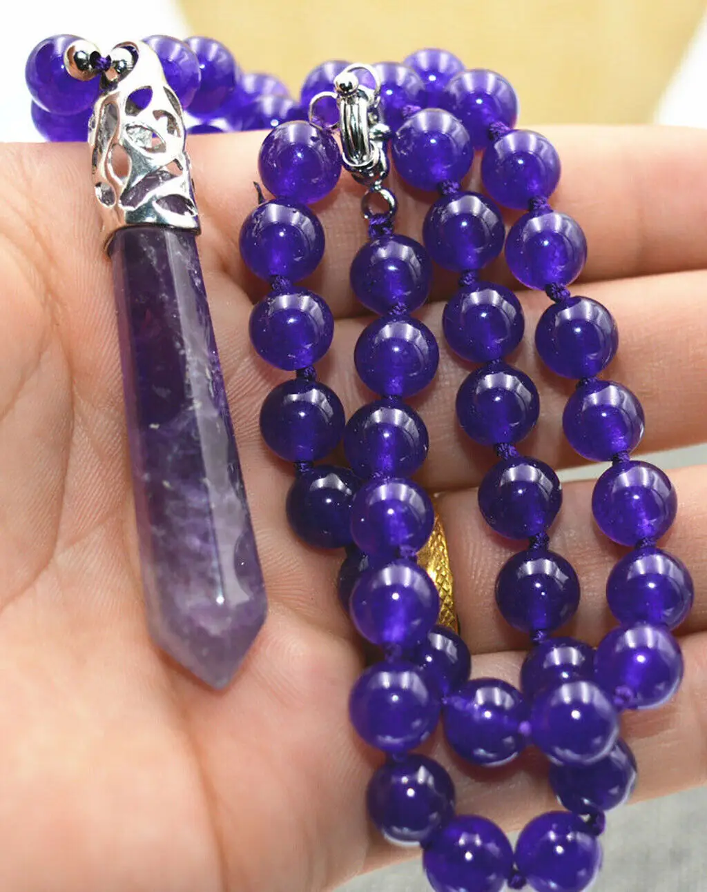 Long 18" 8MM Purple Jade Round Beads +Amethyst Pendant Necklace
Long 18" 8MM Purple Jade Round Beads +Amethyst Pendant Necklace
