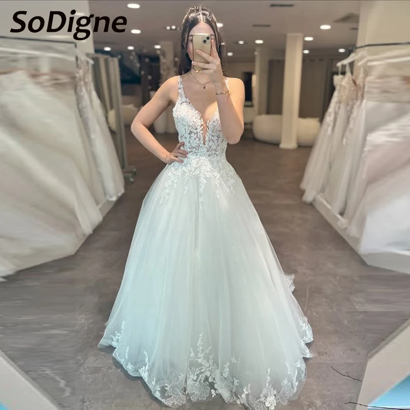 SoDigne A-line Tulle Bride Dresses Appliques V-neck Spaghetti Strap Wedding Dress Long Bridal Gowns Robe De Mairee Customized
SoDigne A-line Tulle Bride Dresses Appliques V-neck Spaghetti Strap Wedding Dress Long Bridal Gowns Robe De Mairee Customized