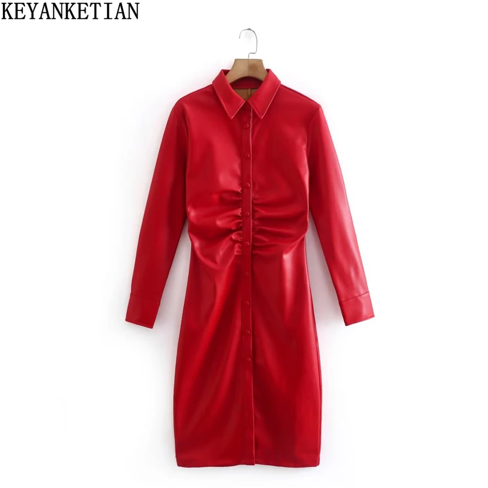 KEYANKETIAN Women's Pleated Waist Faux Leather Faux Leather Dress Spring Autumn New Skinny Single Breasted PU Leather Shirt Dres
KEYANKETIAN Women's Pleated Waist Faux Leather Faux Leather Dress Spring Autumn New Skinny Single Breasted PU Leather Shirt Dres