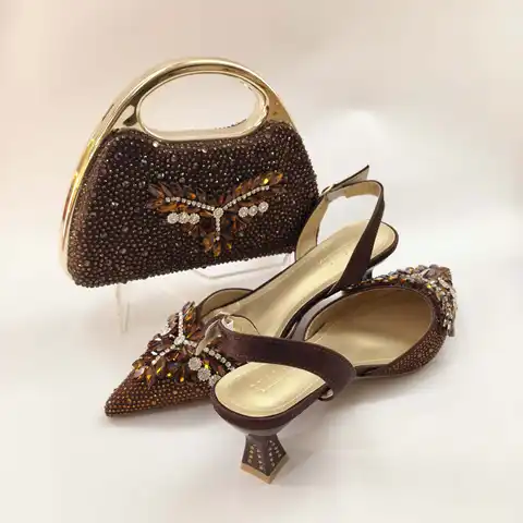New Itlian Design Brown Color Rhinestone High Heel Shoe And Bag Fashion Style Pointed-Toe Shoes For Party Occasions