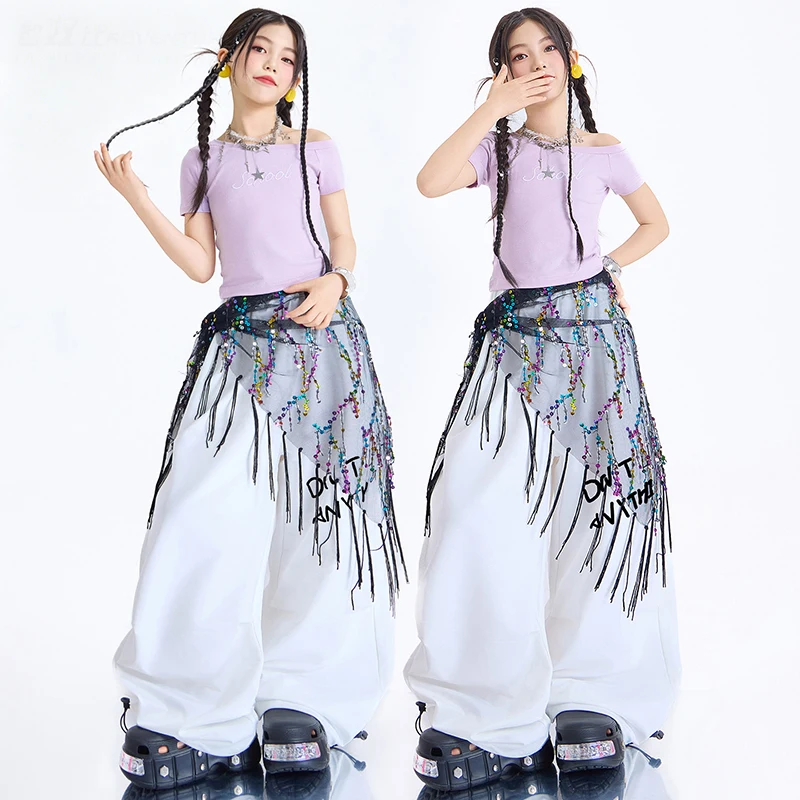 Girl Jazz Dance Costume Kpop Performance Stage Outfit Purple Crop Top White Loose Pants Hip Hop Trousers Street Dancewear 3683
Girl Jazz Dance Costume Kpop Performance Stage Outfit Purple Crop Top White Loose Pants Hip Hop Trousers Street Dancewear 3683