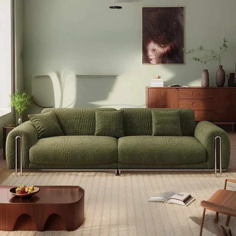 French retro chenille fabric sofa Bauhaus stainless steel green cream wind small living room straight row
French retro chenille fabric sofa Bauhaus stainless steel green cream wind small living room straight row