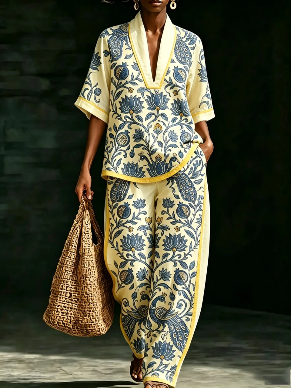 Women's Vintage Floral Peacock Print Two Piece Set Sexy V Neck Short Sleeve Top & Wide Leg Pants Casual Boho Summer Outfit
Women's Vintage Floral Peacock Print Two Piece Set Sexy V Neck Short Sleeve Top & Wide Leg Pants Casual Boho Summer Outfit