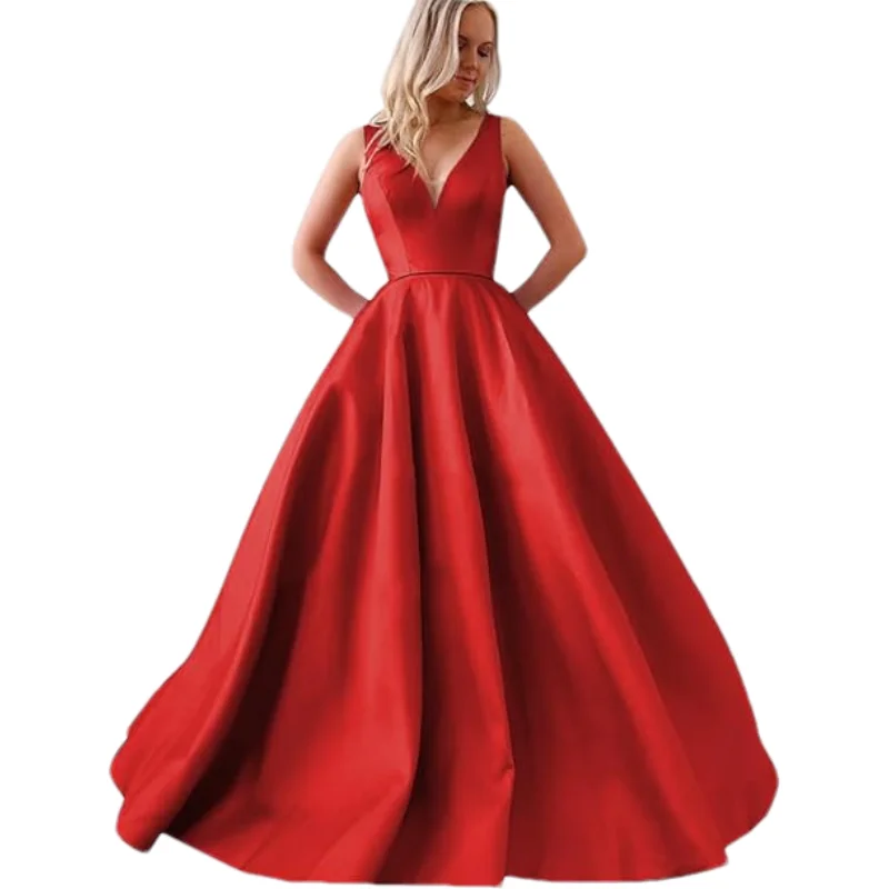 Customized Formal Satin A Line Prom Dresses for Bride V Neck Prom Evening Dresses with Pockets Simple Long Ball Party Gowns
Customized Formal Satin A Line Prom Dresses for Bride V Neck Prom Evening Dresses with Pockets Simple Long Ball Party Gowns