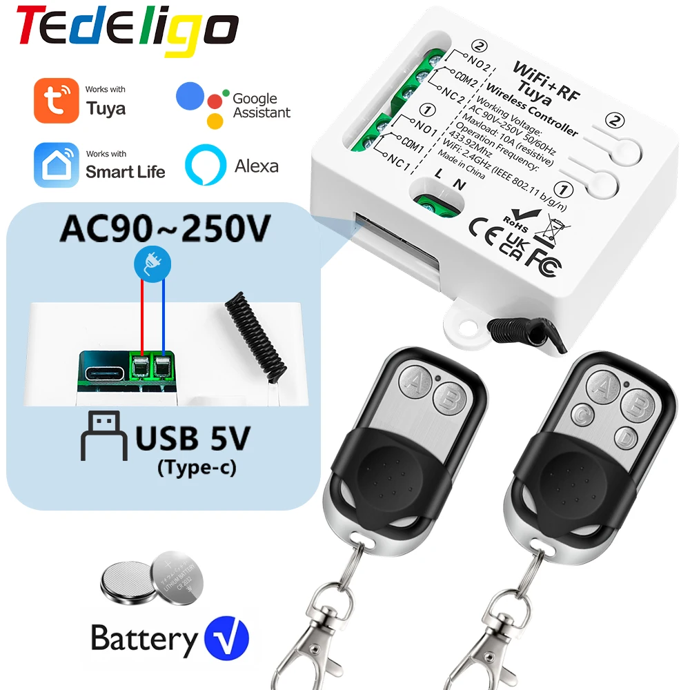 Tuya Wifi Smart Switch wireless Remote Control with AC110V 220V 2CH Receiver relay via Alexa Google Home for Light/Garage Motor
Tuya Wifi Smart Switch wireless Remote Control with AC110V 220V 2CH Receiver relay via Alexa Google Home for Light/Garage Motor