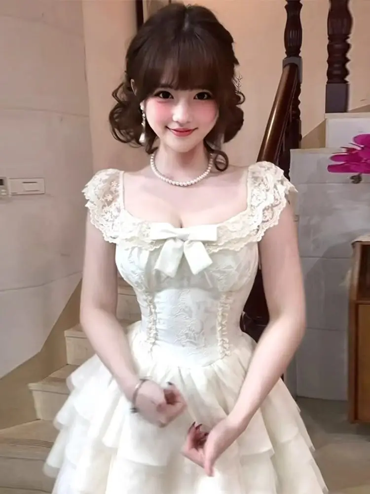 Elegant White Lace Puffy Sleeve Dress Princess Style High Waist Flared Skirt Backless Knot Summer Fashion Dress
Elegant White Lace Puffy Sleeve Dress Princess Style High Waist Flared Skirt Backless Knot Summer Fashion Dress