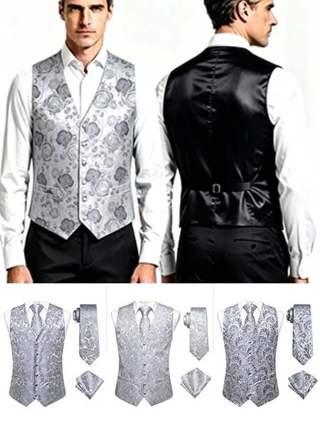 Men's Silver Jacquard Vest 3-Piece Set Includes Waistcoat, Tie & Pocket Square, Elegant Matching Suit for Wedding, Banquet
Men's Silver Jacquard Vest 3-Piece Set Includes Waistcoat, Tie & Pocket Square, Elegant Matching Suit for Wedding, Banquet
