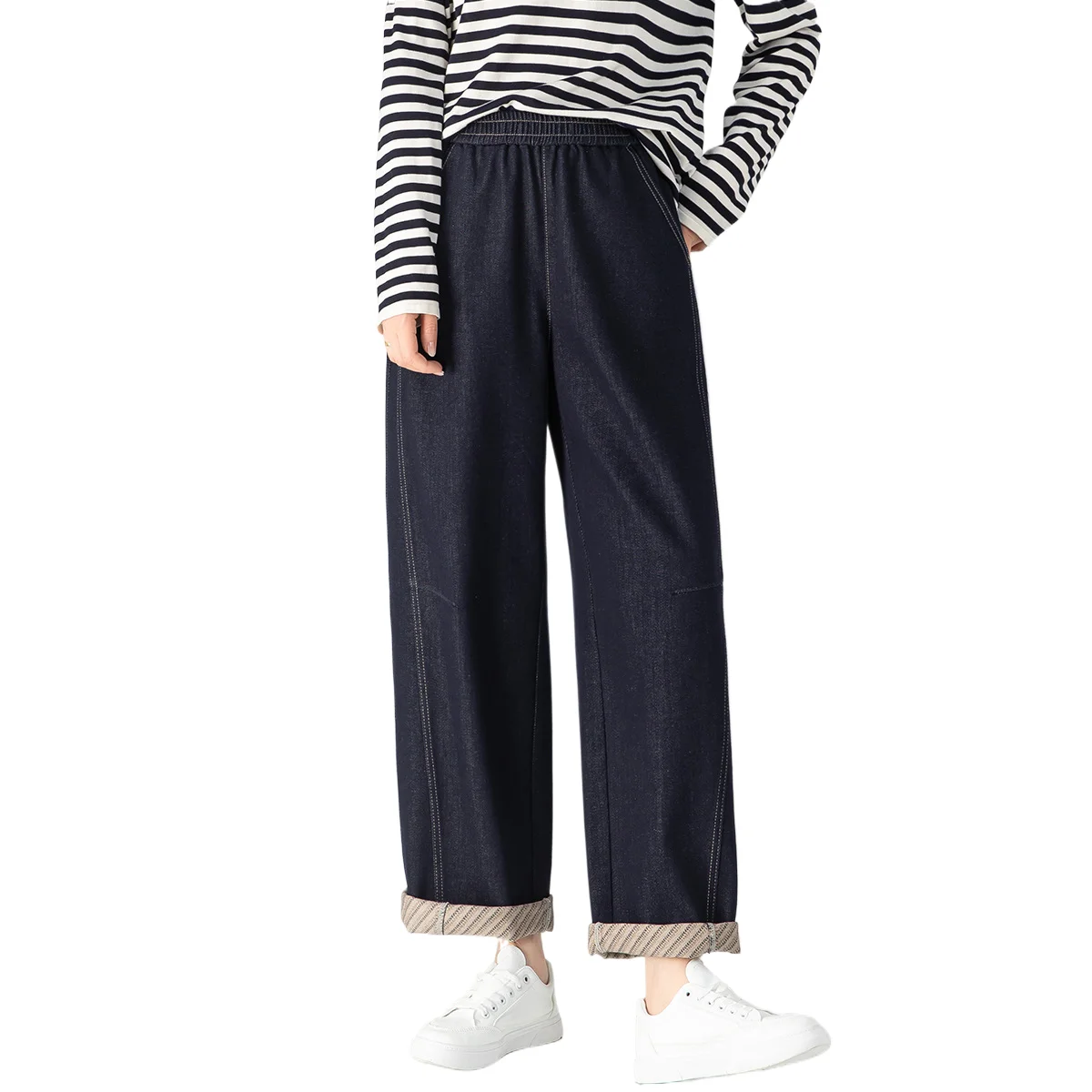 Модные женские эластичные талии, повседневные модные однотонные свободные широкие брюки, прямые простые джинсовые брюки до щиколотки, женские джинсы 
Модные женские эластичные талии, повседневные модные однотонные свободные широкие брюки, прямые простые джинсовые брюки до щиколотки, женские джинсы