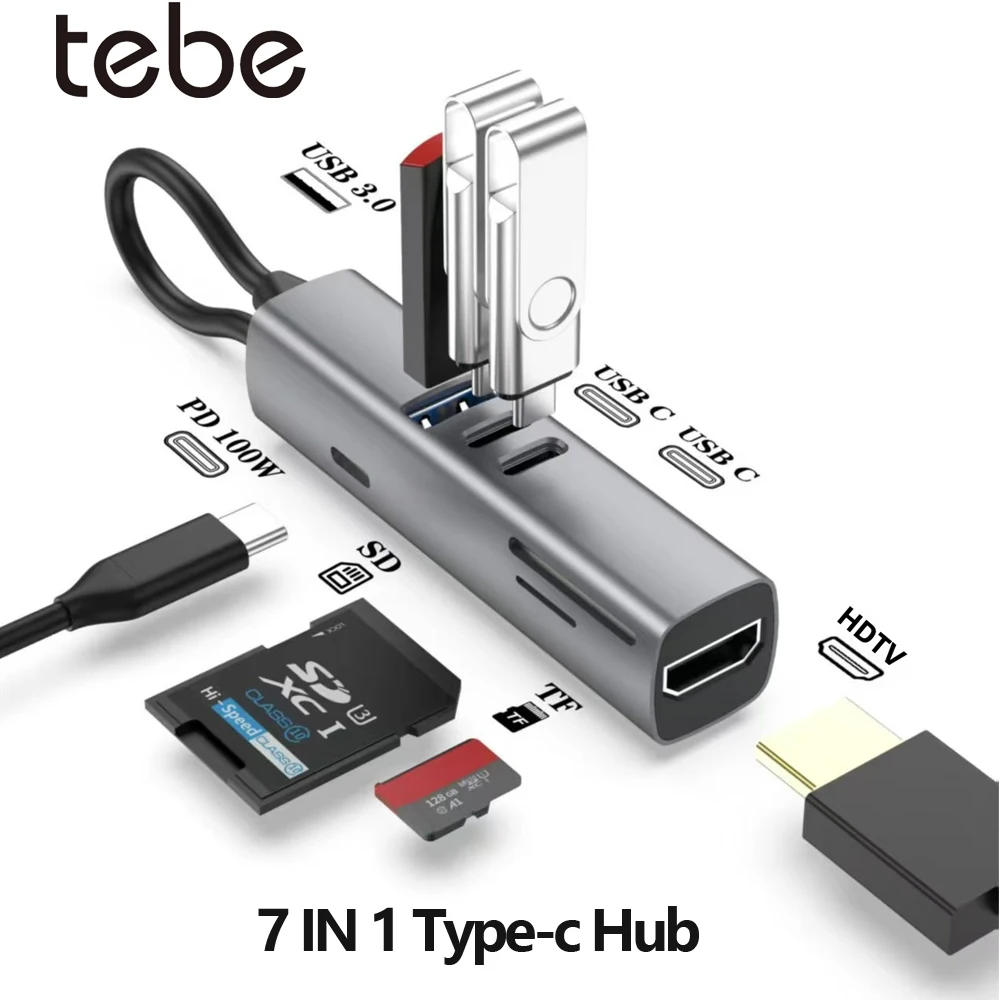 Tebe 7 IN 1 USB-C Hub for Macbook Dell Type-c to 4K 30HZ HDMI-adapter USB 3.0 Splitter SD/TF Card Reader PD100W Fast Charging
Tebe 7 IN 1 USB-C Hub for Macbook Dell Type-c to 4K 30HZ HDMI-adapter USB 3.0 Splitter SD/TF Card Reader PD100W Fast Charging