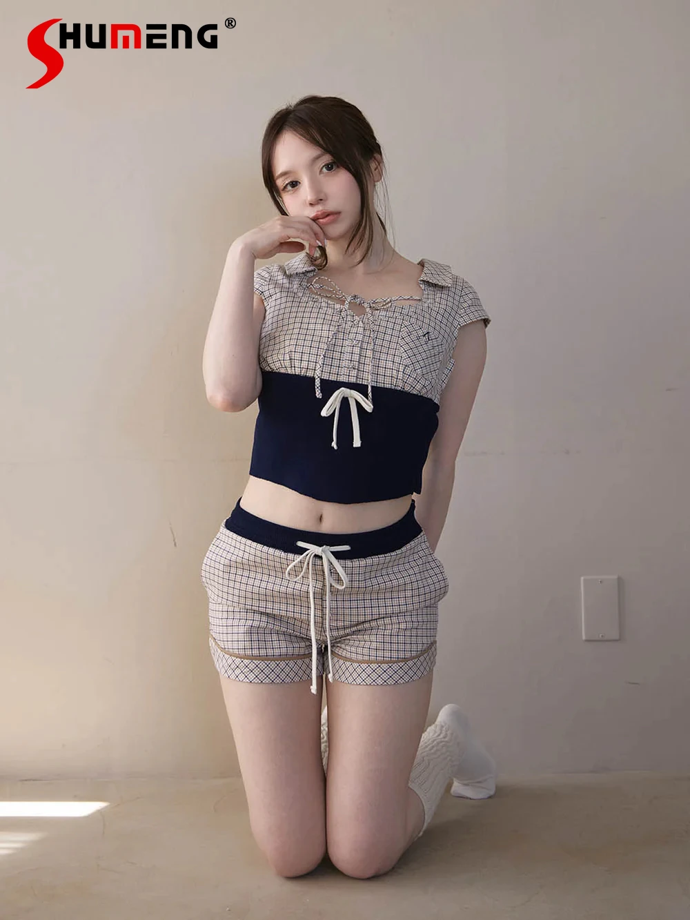 Japanese Style Sweet Plaid Splicing Top Sweet Summer New Girls Versatile Short-sleeved Shirt and Lace-up Shorts Two-piece Set
Japanese Style Sweet Plaid Splicing Top Sweet Summer New Girls Versatile Short-sleeved Shirt and Lace-up Shorts Two-piece Set