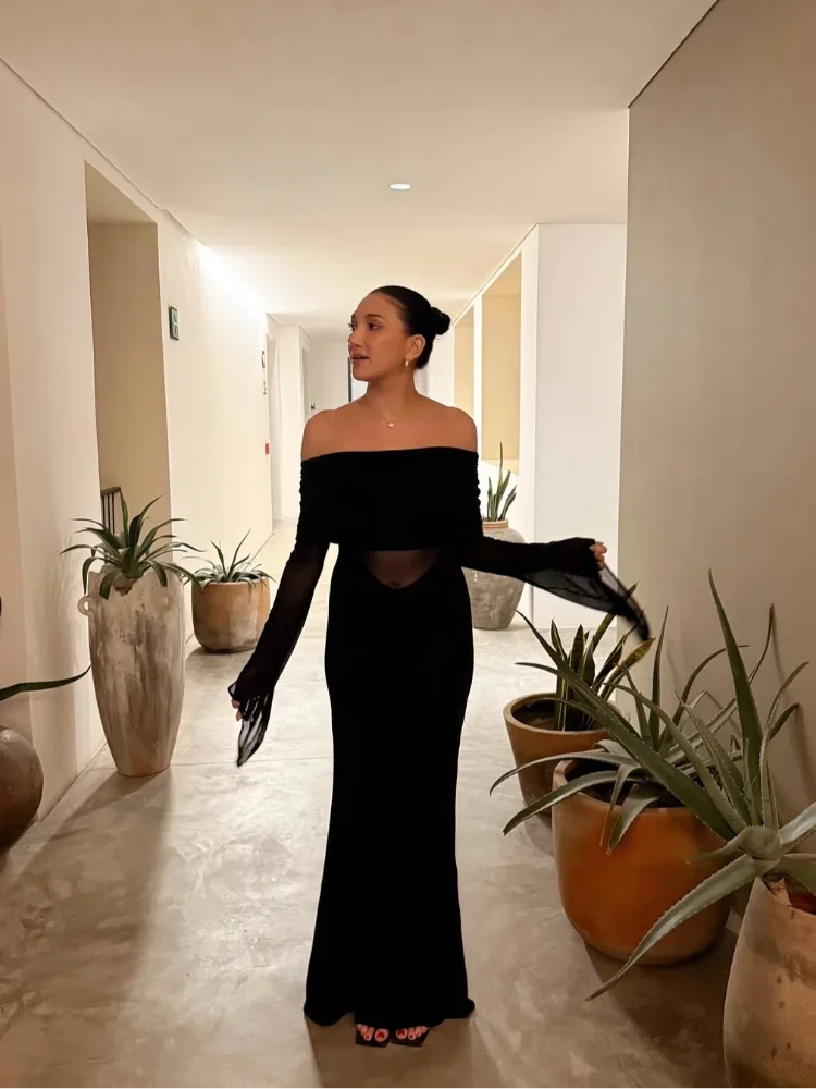 Lady Solid Long Flared Sleeves Long Dress Sheer Mesh Off Shoulder Form Fitting Ruched Neck Mermaid Robes Romantic Dinner Vestido
Lady Solid Long Flared Sleeves Long Dress Sheer Mesh Off Shoulder Form Fitting Ruched Neck Mermaid Robes Romantic Dinner Vestido