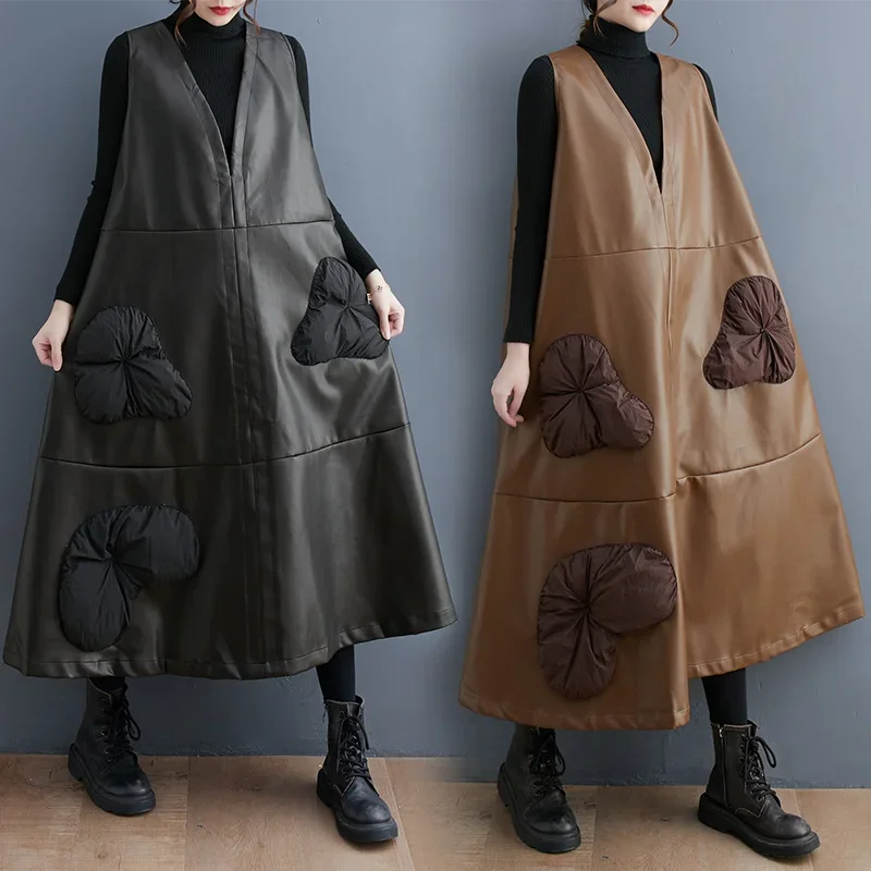 Autumn Winter PU Leather Tank Top Dress Women Loose Vintage A-line Dress V-neck Loose Faux Leather Retro Dress
Autumn Winter PU Leather Tank Top Dress Women Loose Vintage A-line Dress V-neck Loose Faux Leather Retro Dress