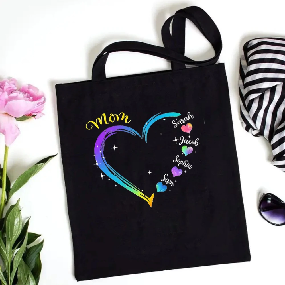 Mom Rainbow Heart Canvas Tote Bag, Personalized with Names Sarah Jacob Sophia Sam, Reusable Shoulder Bag
Mom Rainbow Heart Canvas Tote Bag, Personalized with Names Sarah Jacob Sophia Sam, Reusable Shoulder Bag