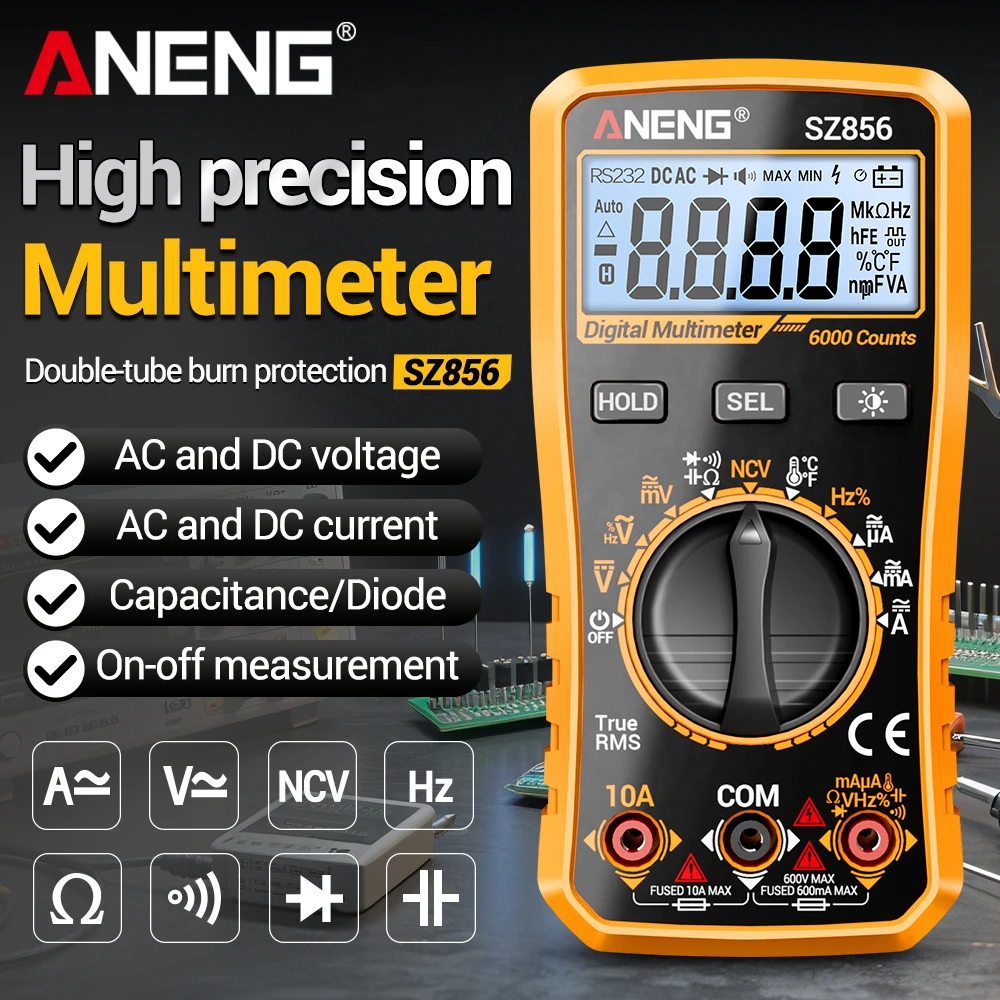 ANENG SZ856 Multimeter 6000 Counting Frequency Capacitor Resistance Test NCV Electrical Testing Electrical Household Instrument
ANENG SZ856 Multimeter 6000 Counting Frequency Capacitor Resistance Test NCV Electrical Testing Electrical Household Instrument