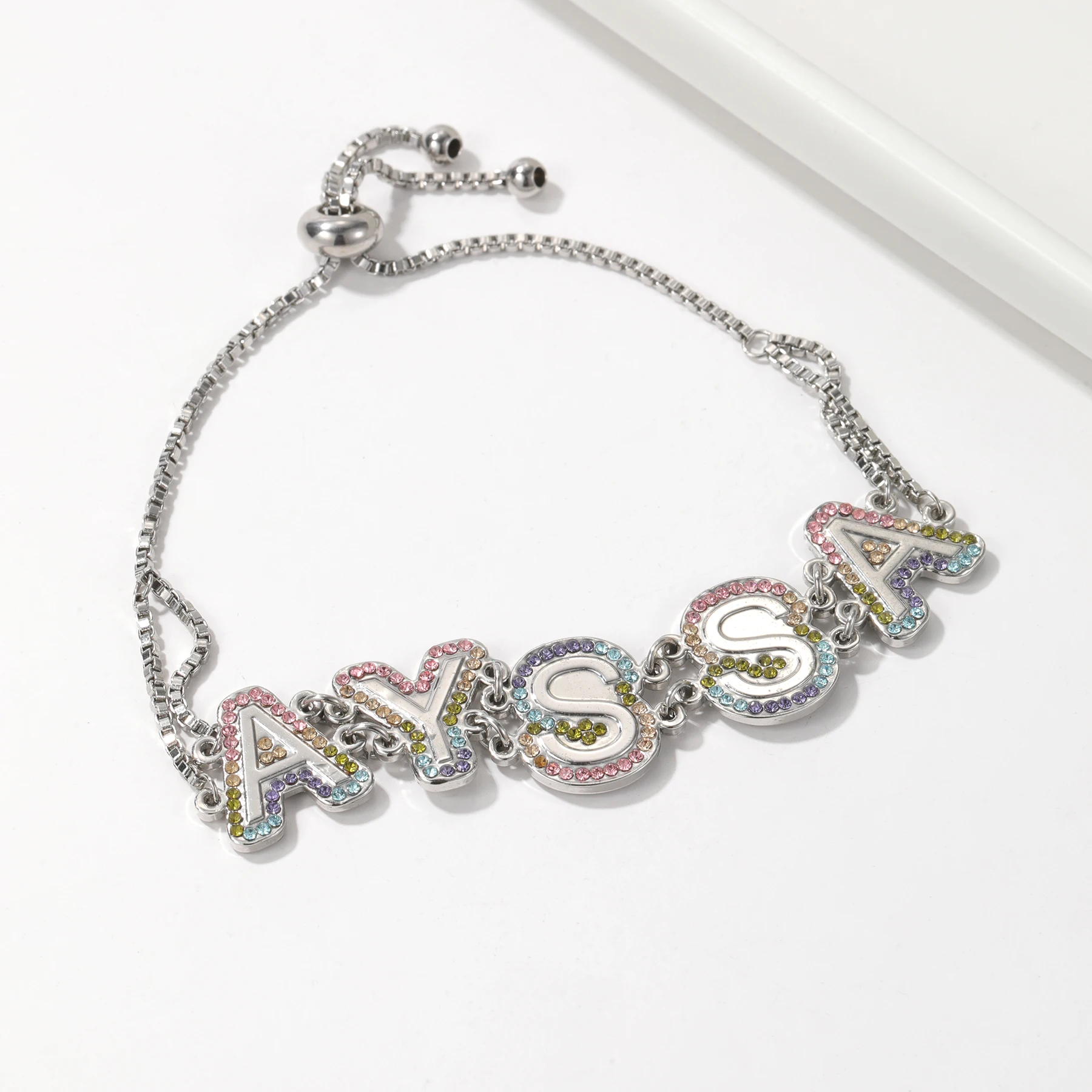 Colored Dot Diamond Customized Name Bracelet Adjustable Box Chain Bracelet Stainless Steel Women Jewelry Gift for Women
Colored Dot Diamond Customized Name Bracelet Adjustable Box Chain Bracelet Stainless Steel Women Jewelry Gift for Women