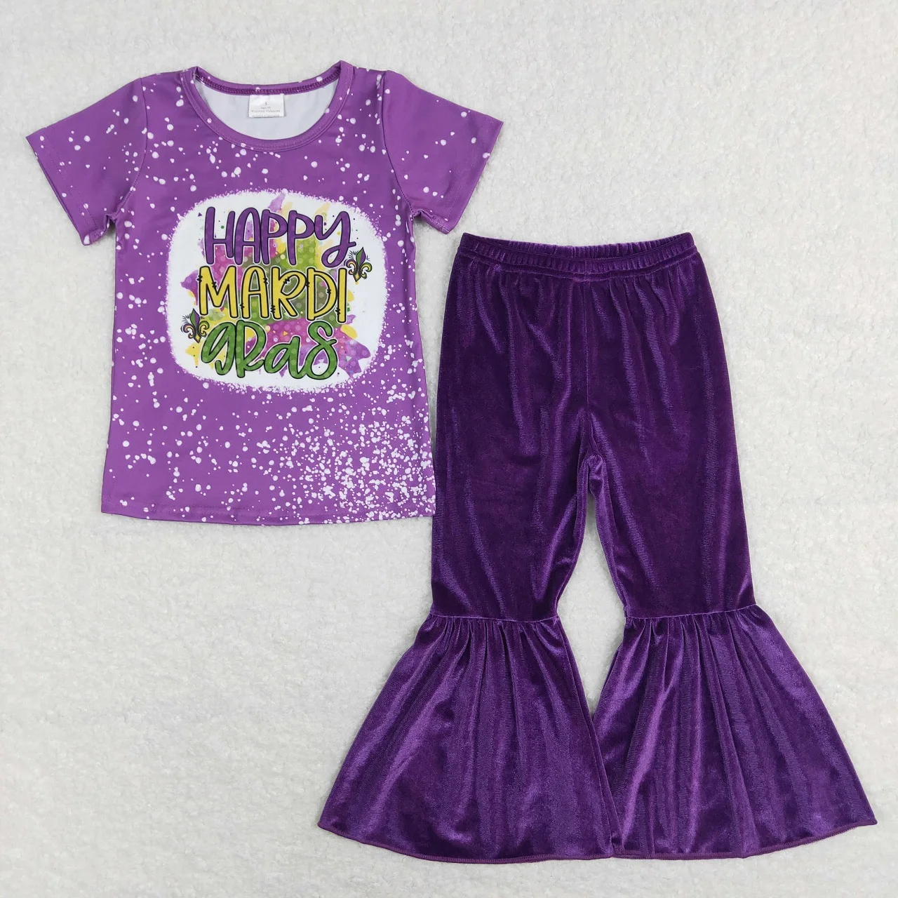Wholesale Baby Girl Short Sleeves T-shirts Toddler Children Purple Velvet Bell Bottom Pants Outfit Kids Mardi Gras Set
Wholesale Baby Girl Short Sleeves T-shirts Toddler Children Purple Velvet Bell Bottom Pants Outfit Kids Mardi Gras Set