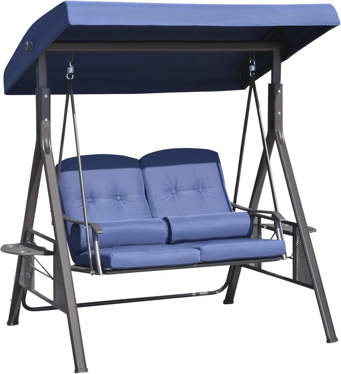 2-Person Patio Swing Bench with Adjustable Shade Canopy, Soft Cushions, Throw Pillows and Tray.
2-Person Patio Swing Bench with Adjustable Shade Canopy, Soft Cushions, Throw Pillows and Tray.