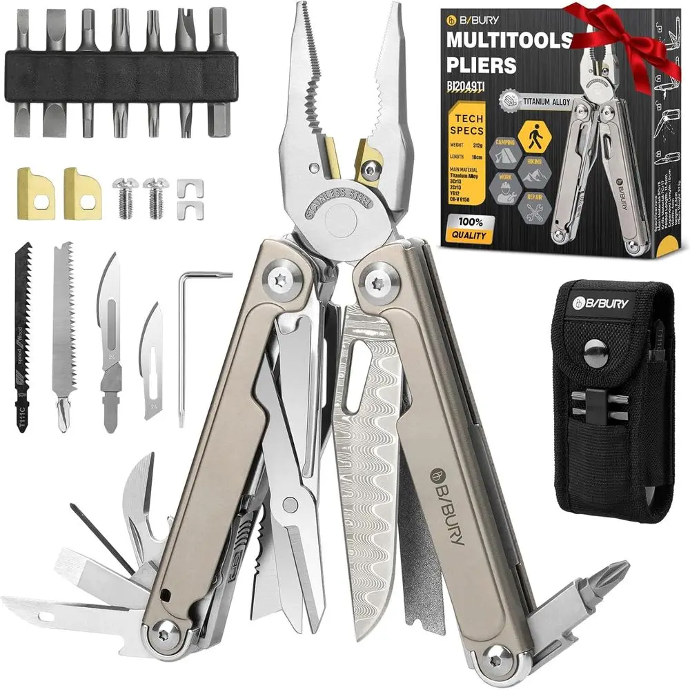 Damascus Blade Titanium Multitool for Everyday Carry, Camping, and Repair with Replaceable Wire Cutters, Scissors, and Screwdriv
Damascus Blade Titanium Multitool for Everyday Carry, Camping, and Repair with Replaceable Wire Cutters, Scissors, and Screwdriv