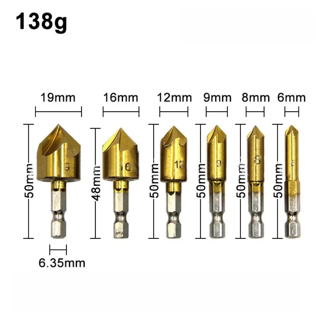 6-19mm Woodworking Spot Facer Tool Set 6PC Hexagonal Handle Titanium Plated Five Edge Chamfering Knife Countersunk Drill
6-19mm Woodworking Spot Facer Tool Set 6PC Hexagonal Handle Titanium Plated Five Edge Chamfering Knife Countersunk Drill