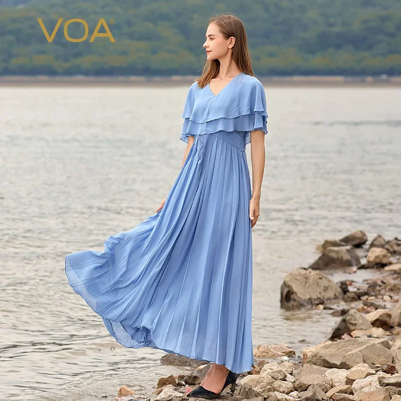 VOA Elegant Cascading Ruffle V-Neck Blue Georgette Silk Woman Dress Summer Short Sleeves Party Pleated Maxi Dresses Chic AE1035
VOA Elegant Cascading Ruffle V-Neck Blue Georgette Silk Woman Dress Summer Short Sleeves Party Pleated Maxi Dresses Chic AE1035