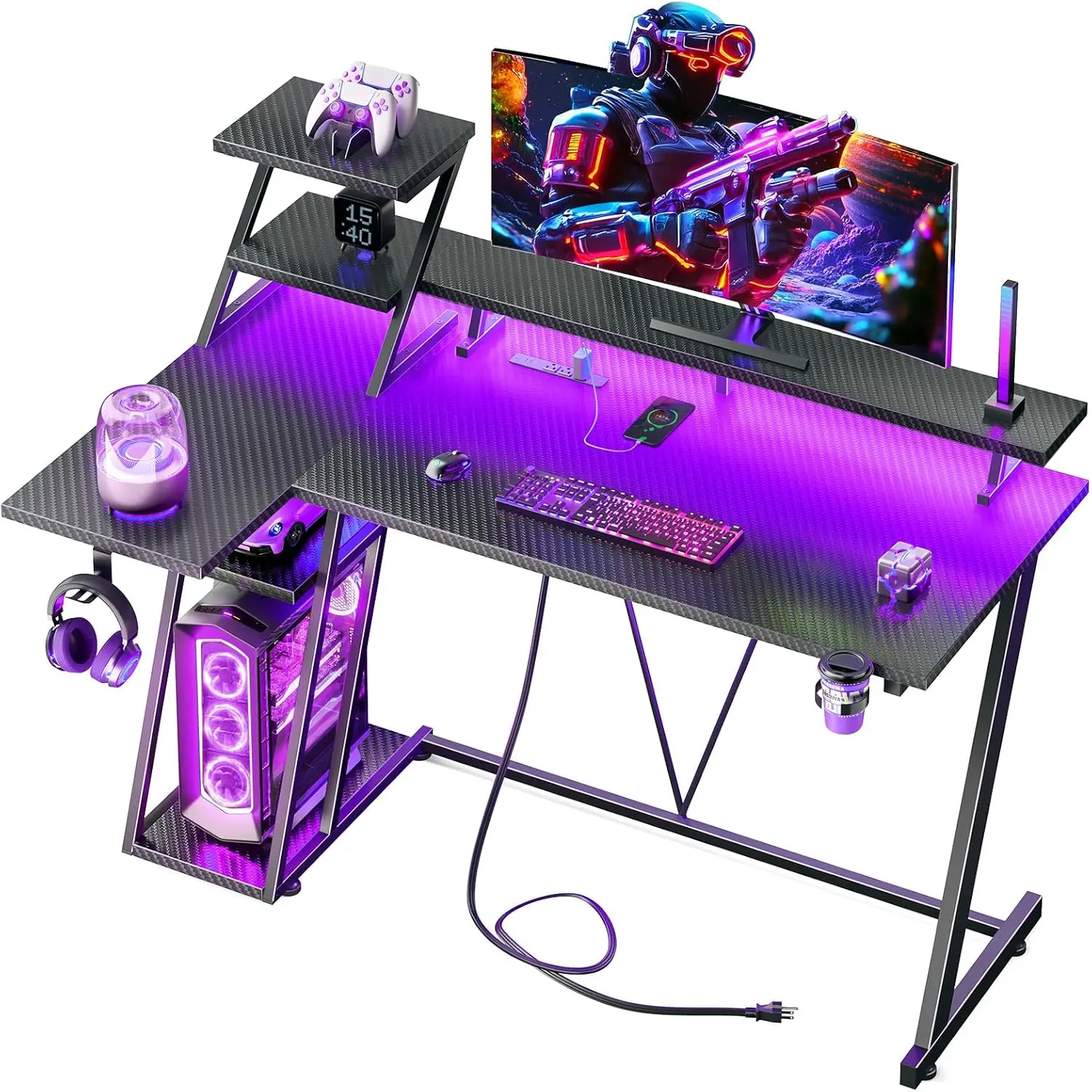 L Shaped Gaming Desk with LED Lights & Power Outlet, Corner Computer Table with Storage Shelves, Monitor Stand for Home Office, Carbon Fiber Black
L Shaped Gaming Desk with LED Lights & Power Outlet, Corner Computer Table with Storage Shelves, Monitor Stand for Home Office, Carbon Fiber Black