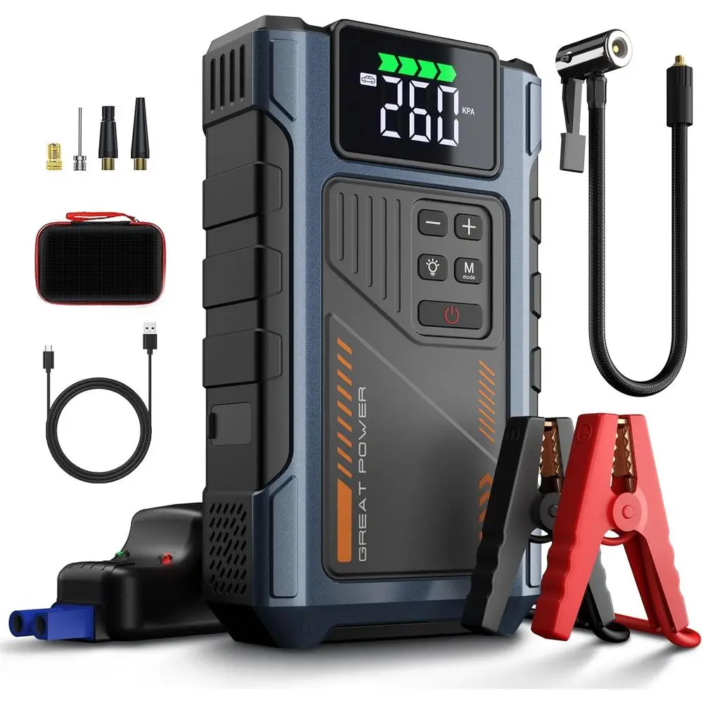 4500A Portable Jump Starter with Air Compressor, 12V Jumpstart Kit and 150PSI Tire Inflator
4500A Portable Jump Starter with Air Compressor, 12V Jumpstart Kit and 150PSI Tire Inflator