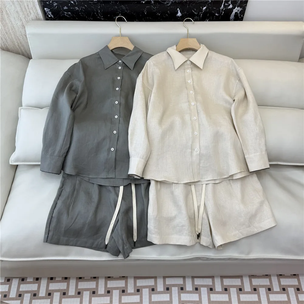 Women's 2-Piece Set: Linen Shirt with Beaded Cuffs And High-Waisted Drawstring Shorts Set
Women's 2-Piece Set: Linen Shirt with Beaded Cuffs And High-Waisted Drawstring Shorts Set